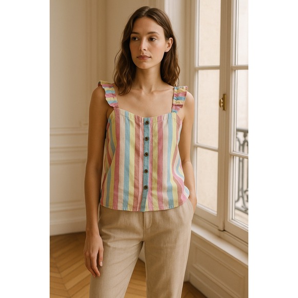 J. Crew Striped Linen Blend Ruffle Strap Button Front Tank Top XXL - Picture 1 of 9